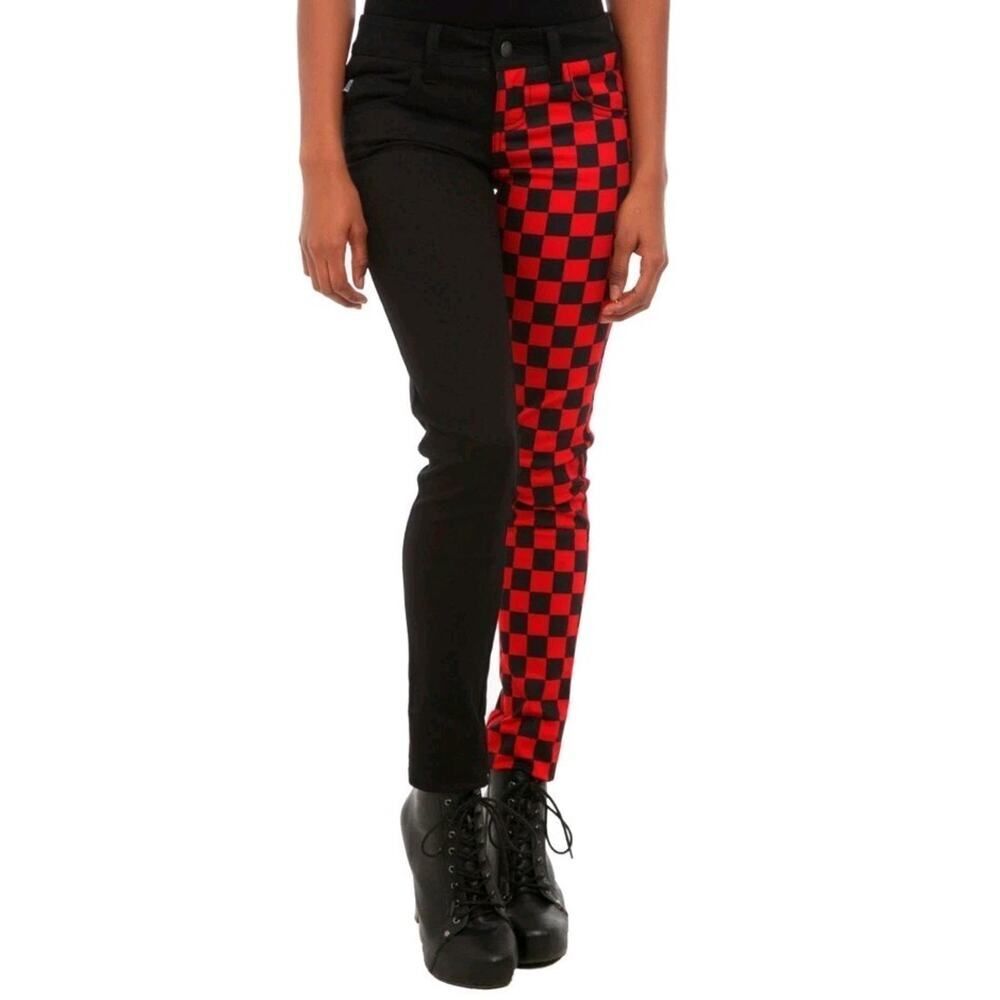 Royal Bones Tripp Skinny Jeans Black Red Buffalo Check‎ Split Goth Women's Small